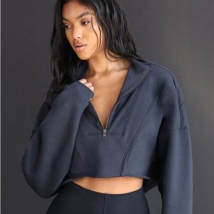 Joah Brown Half Zip Cropped Pullover in taupe